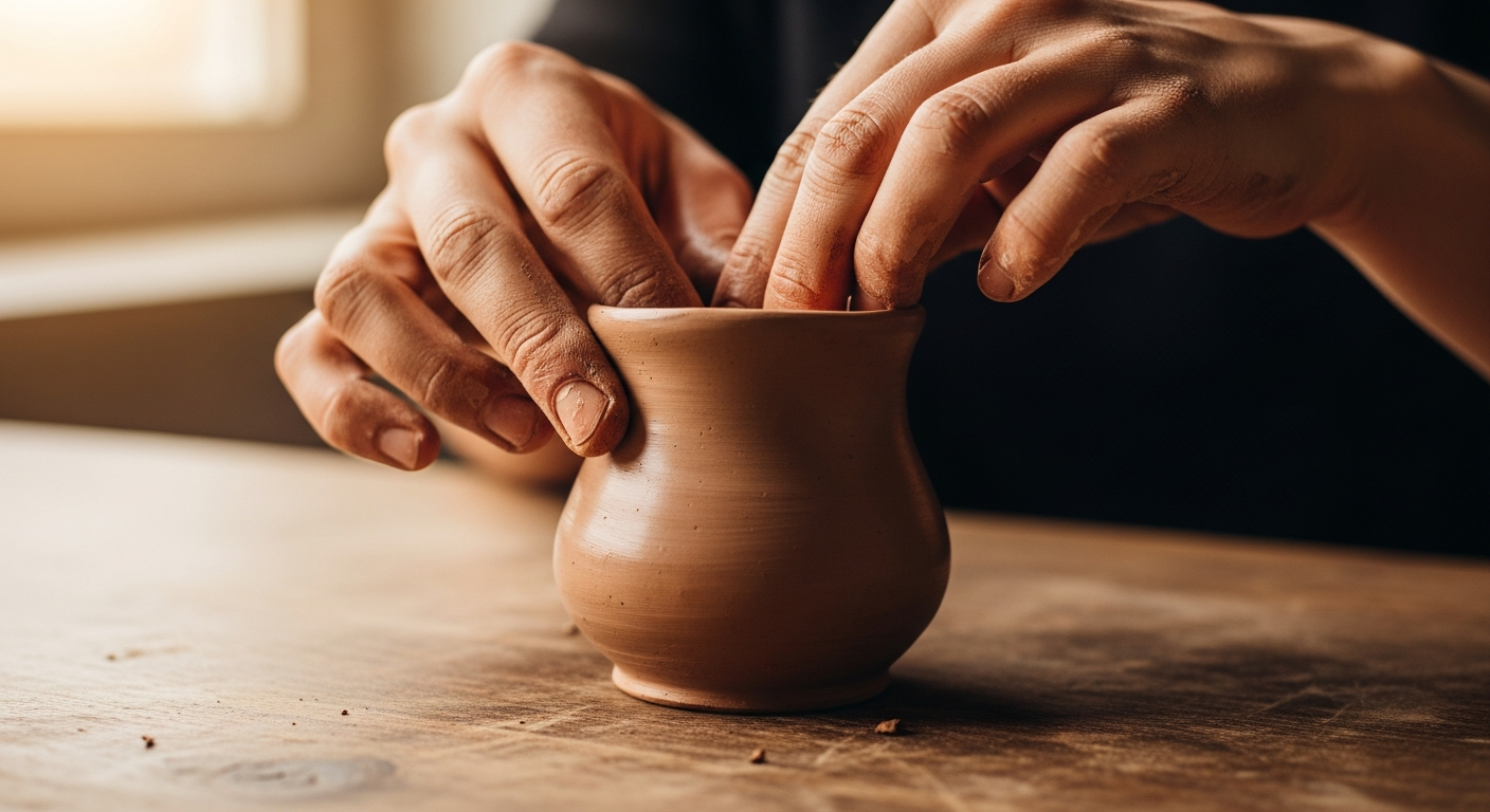 Руки, аккуратно формирующие глиняный сосуд